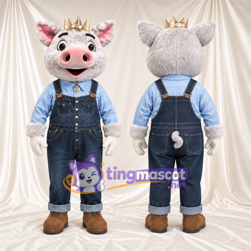 Costume de mascotte Cochon – crème / rose – Couronne; Salopette