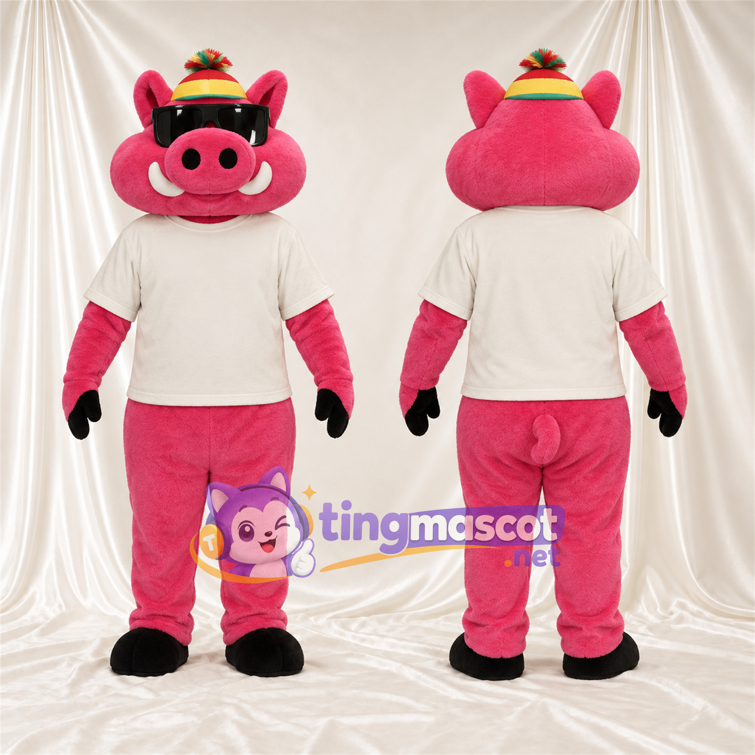 Bright Pink Pig Mascot Costume - Cream Shirt and Yellow Hat Bright Pink Pig Mascot Costume - Cream Shirt and Yellow Hat