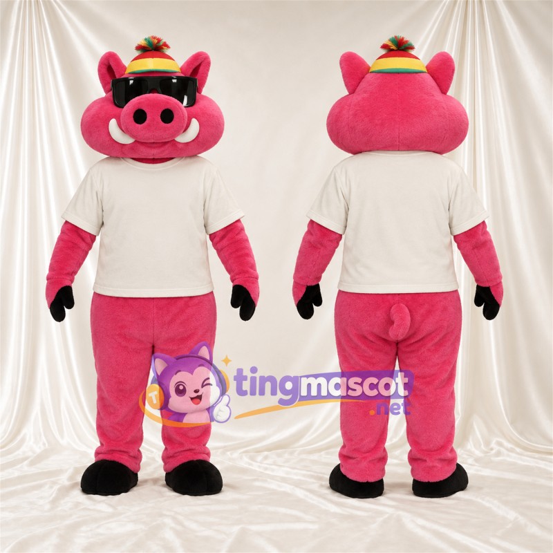Bright Pink Pig Mascot Costume - Cream Shirt and Yellow Hat