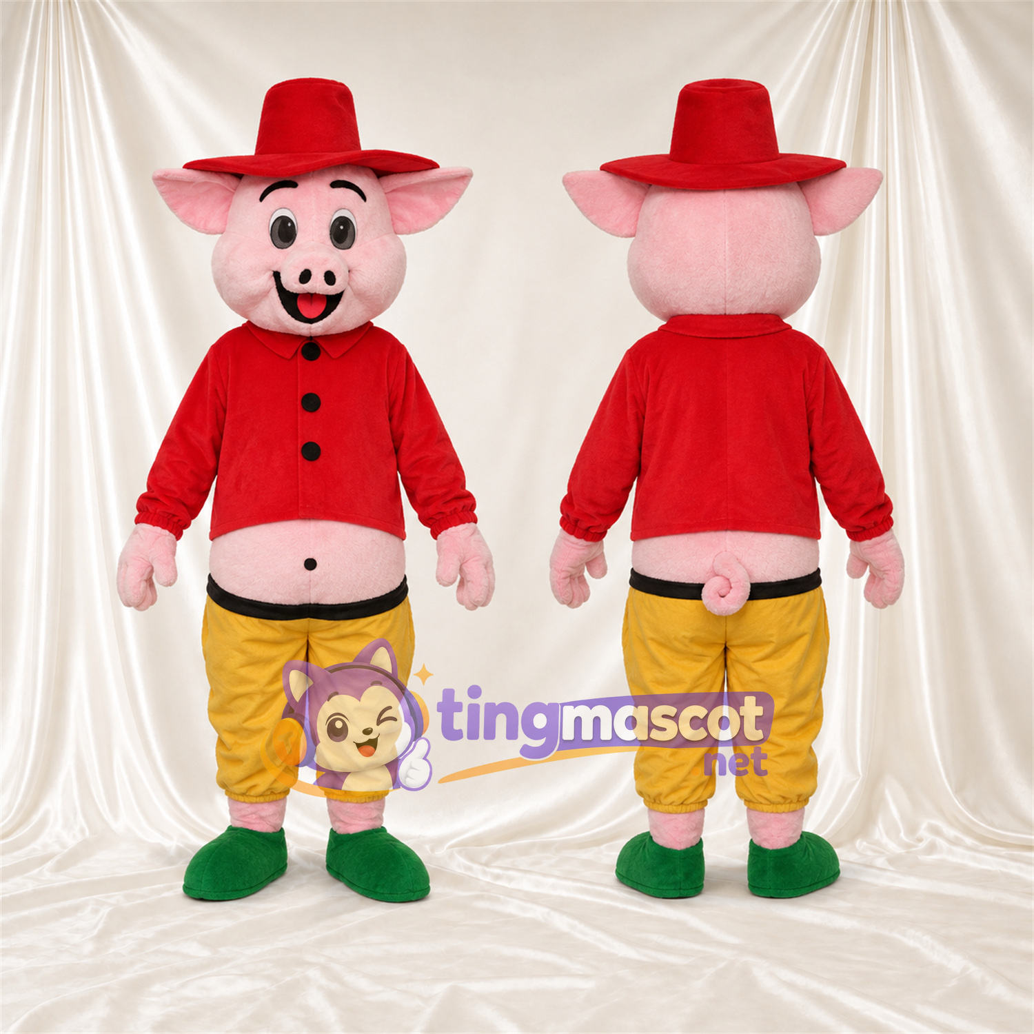 Costume de mascotte Cochon – rose – Chapeau (rouge); Veste Costume de mascotte Cochon – rose – Chapeau (rouge); Veste