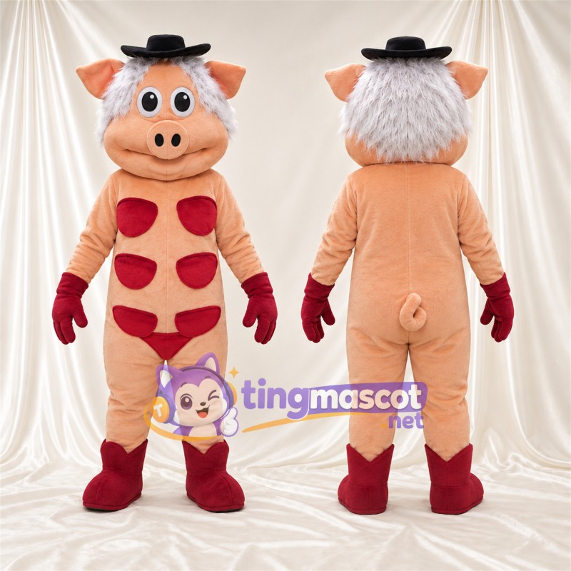 Costume de mascotte Cochon – pêche – Chapeau melon (noir); Taches (rouge)