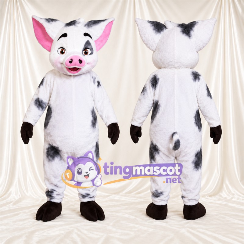 Black and White Pig Mascot Costume - Pink Inner Ears and Black Gloves