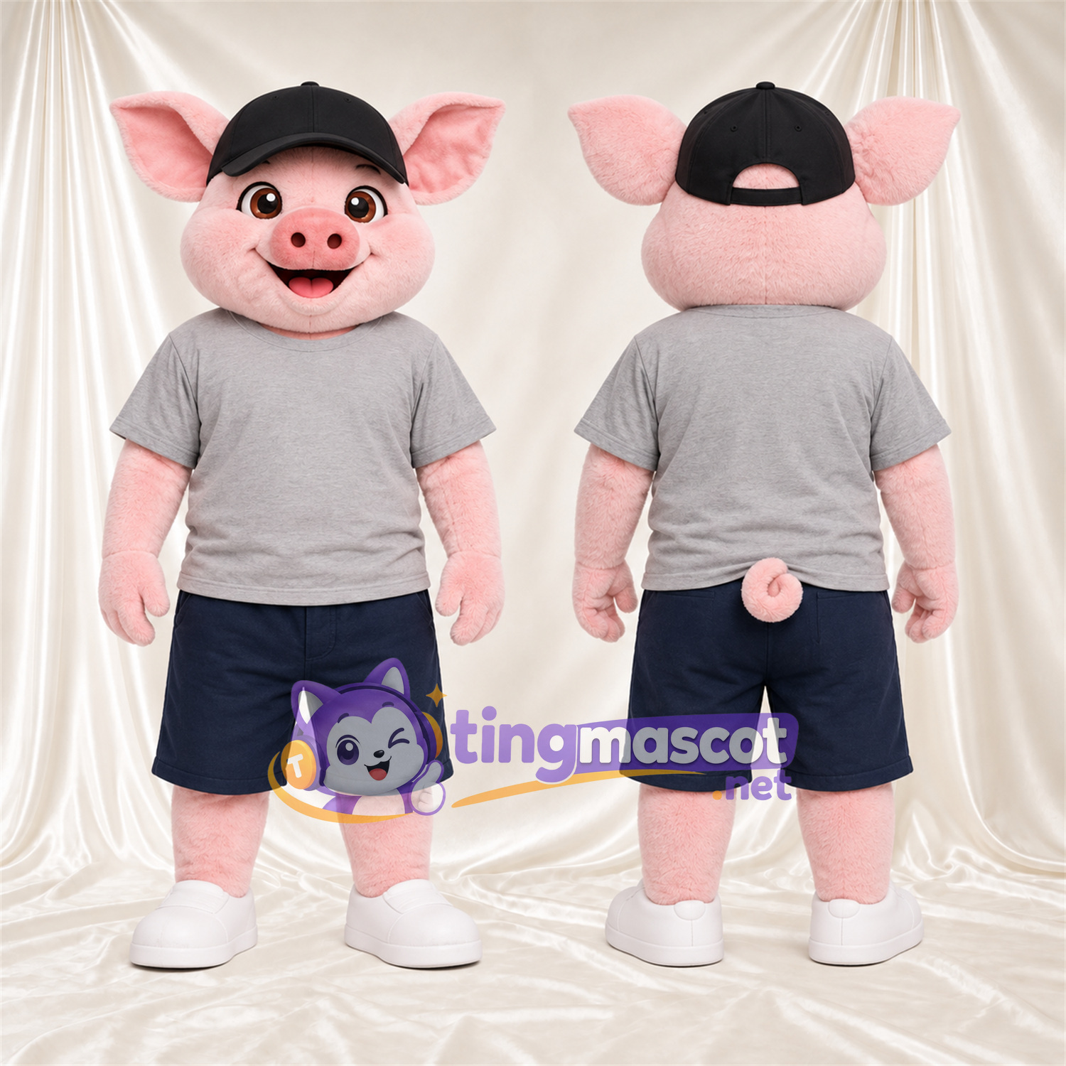 Costume de mascotte Cochon – rose – Chemise (gris); Short (noir) Costume de mascotte Cochon – rose – Chemise (gris); Short (noir)