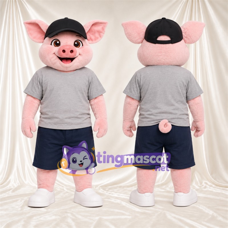 Costume de mascotte Cochon – rose – Chemise (gris); Short (noir)