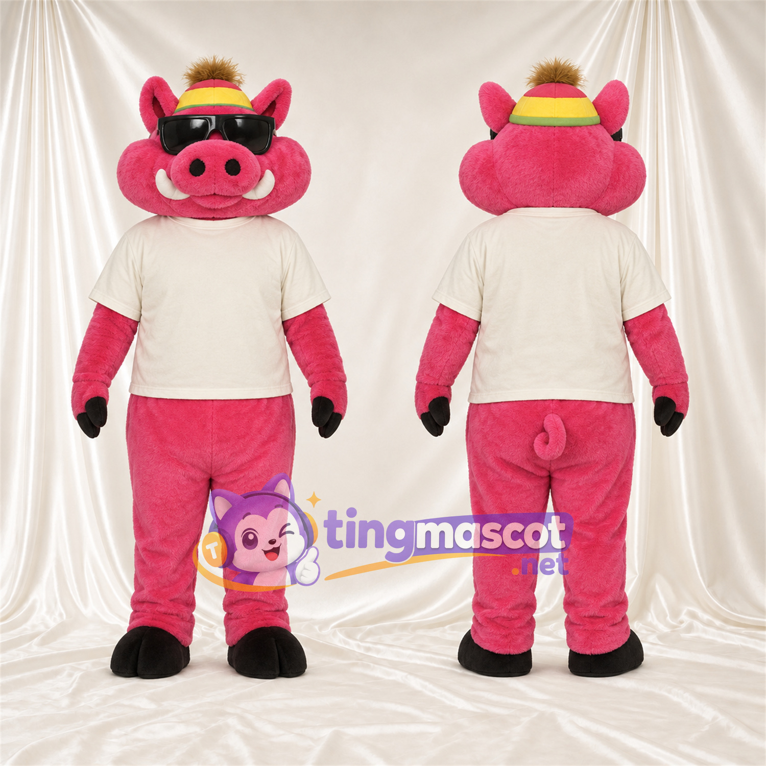 Bright Pink Pig Mascot Costume - Cream Shirt and Yellow Hat Bright Pink Pig Mascot Costume - Cream Shirt and Yellow Hat