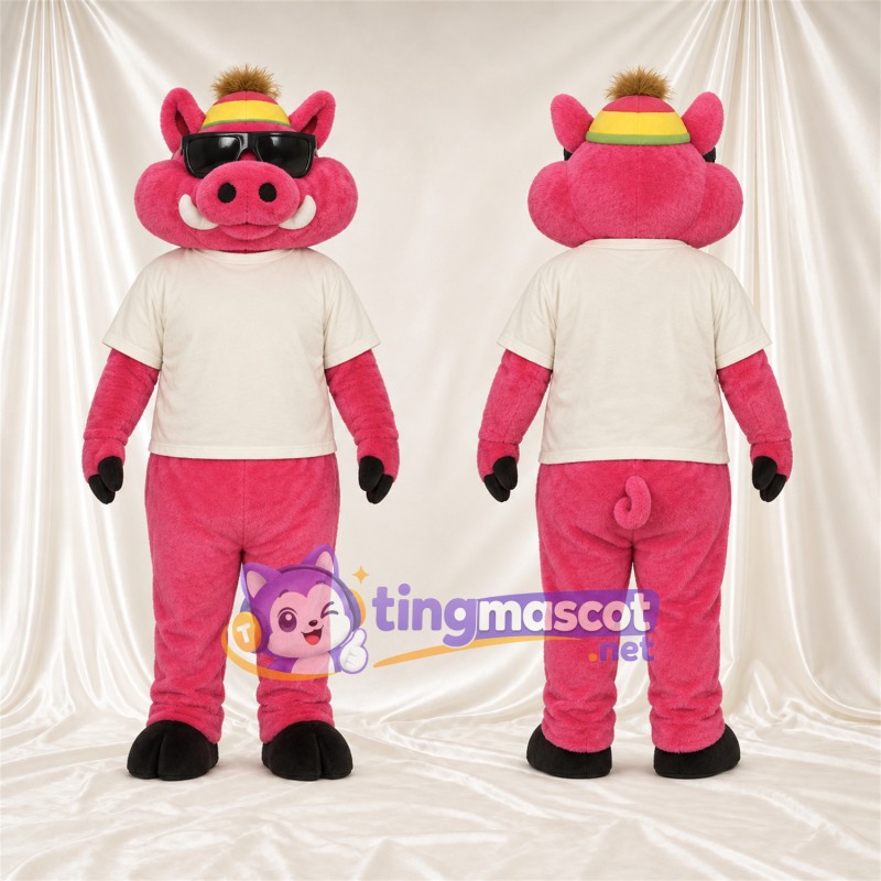 Bright Pink Pig Mascot Costume - Cream Shirt and Yellow Hat