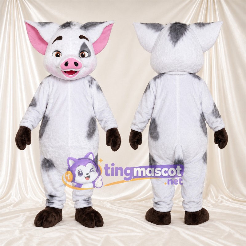 Black and White Pig Mascot Costume - Pink Inner Ears and Brown Hands