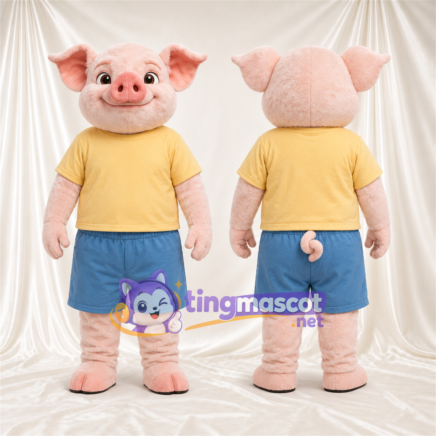 Costume de mascotte Cochon – rose – Chemise (jaune); Short (bleu) Costume de mascotte Cochon – rose – Chemise (jaune); Short (bleu)