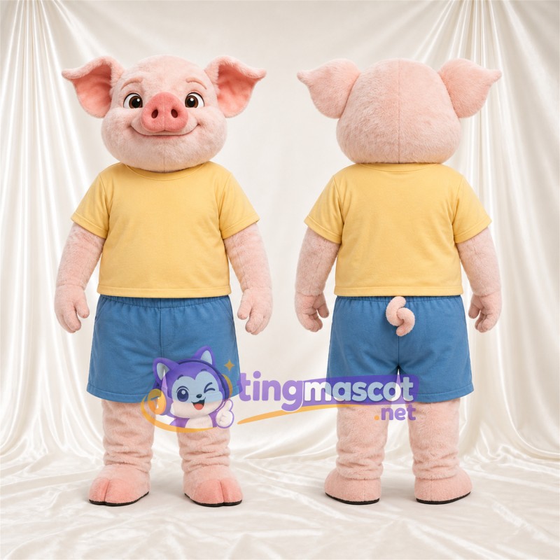 Costume de mascotte Cochon – rose – Chemise (jaune); Short (bleu)
