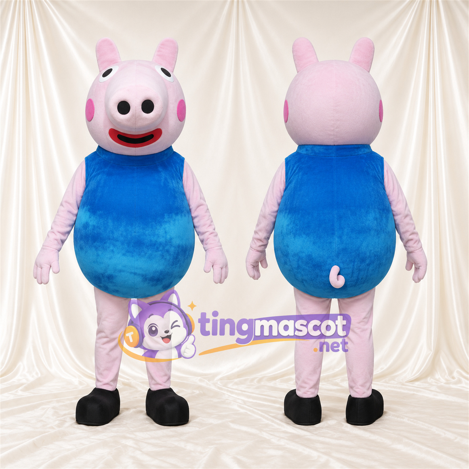 Light Purple Pig Mascot Costume - Blue Outfit Light Purple Pig Mascot Costume - Blue Outfit