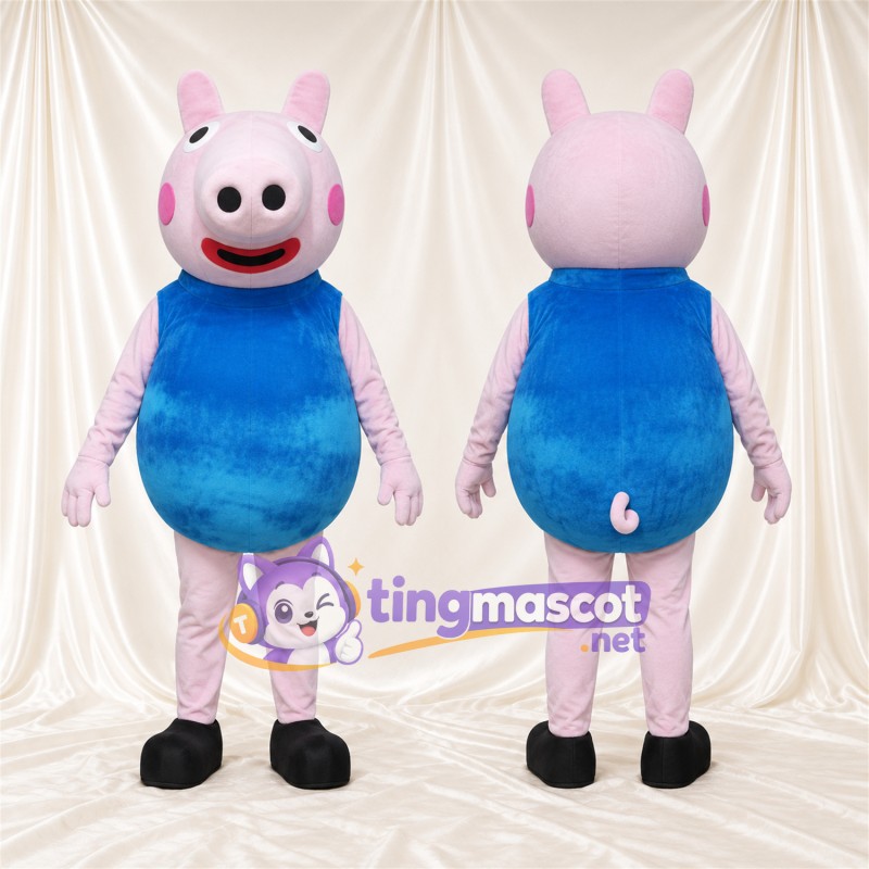 Light Purple Pig Mascot Costume - Blue Outfit