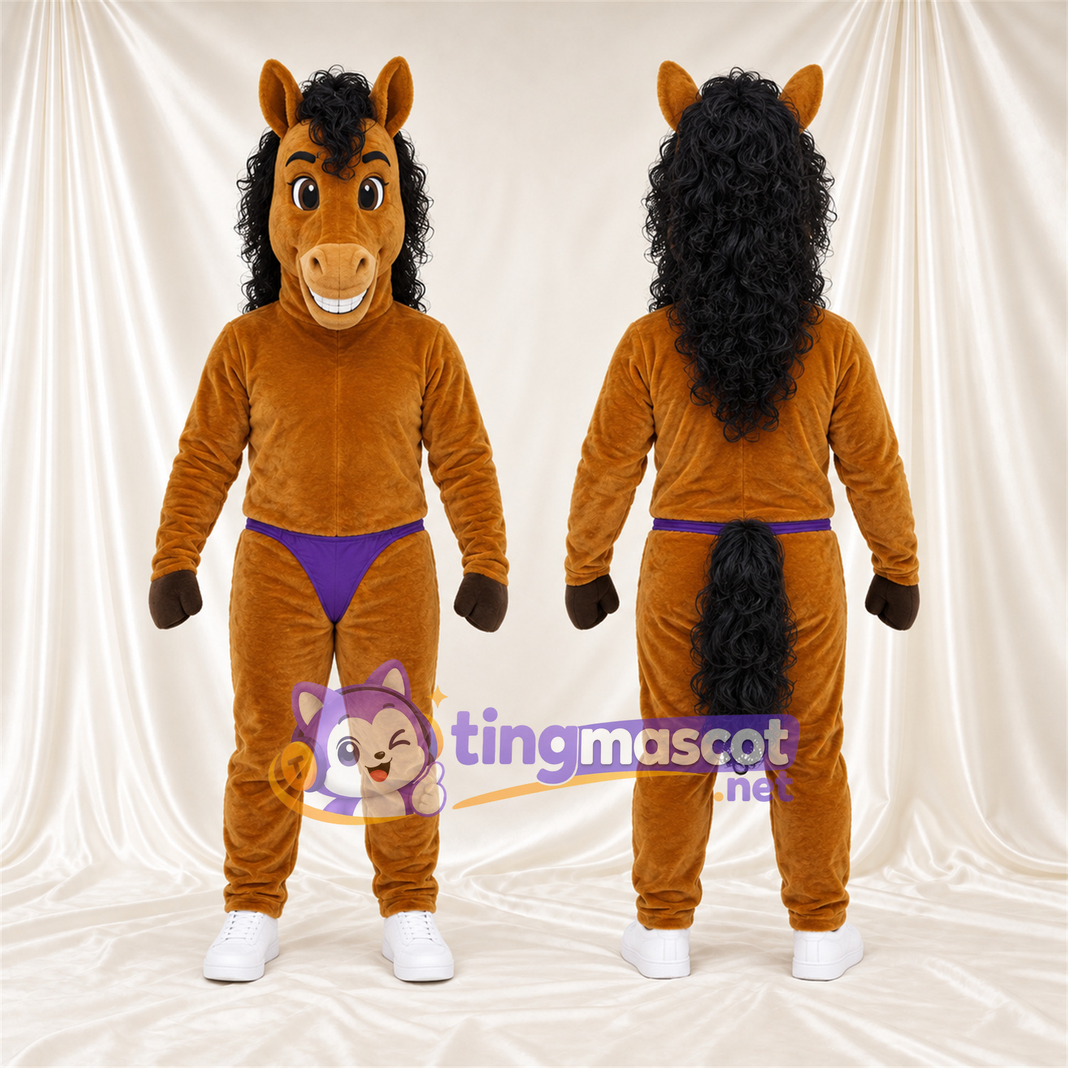 Costume de mascotte Cheval – orange – Short (violet) Costume de mascotte Cheval – orange – Short (violet)