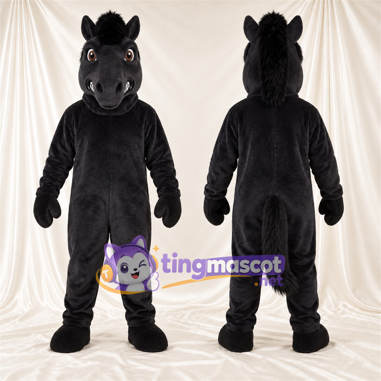 Black Horse Mascot Costume - Black Mane and Round Muzzle Black Horse Mascot Costume - Black Mane and Round Muzzle