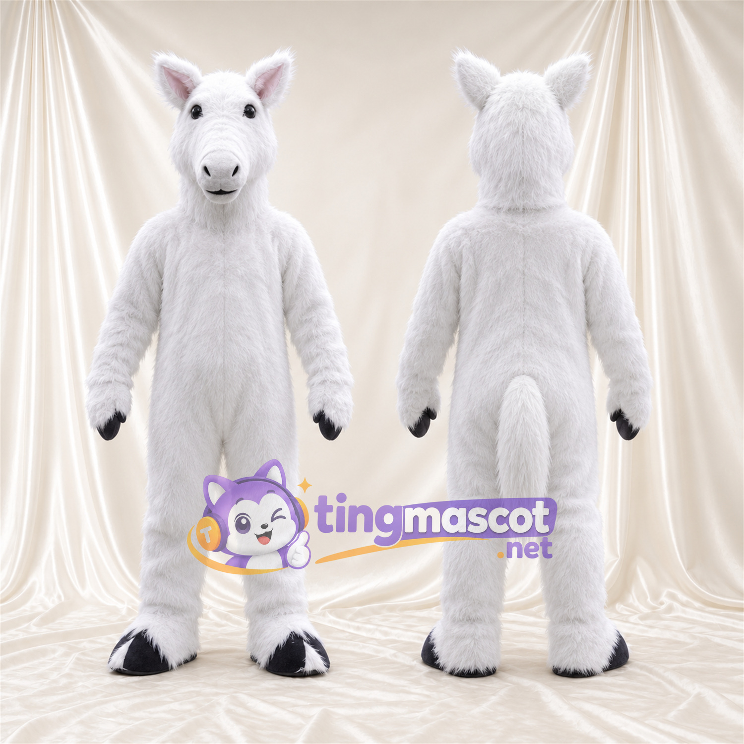 Costume de mascotte Cheval – blanc – Intérieur des oreilles (rose); Sabots (noir) Costume de mascotte Cheval – blanc – Intérieur des oreilles (rose); Sabots (noir)