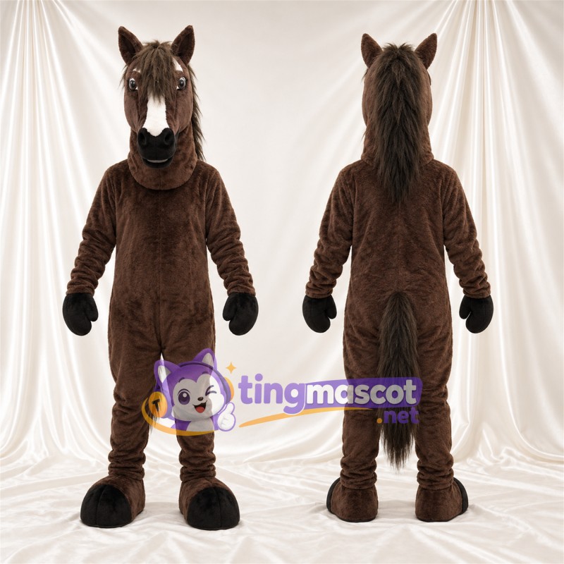 Costume de mascotte Cheval – marron foncé – Crinière (noir); Liste sur le visage (blanc)