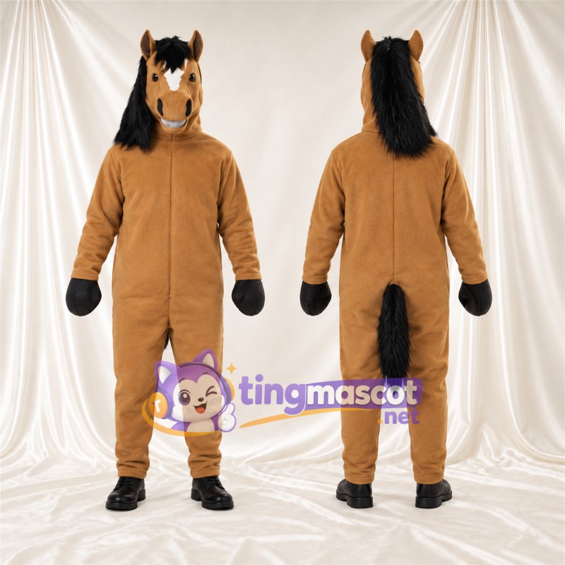 Costume de mascotte Cheval – brun doré – Crinière (noir); Liste sur le visage (blanc)