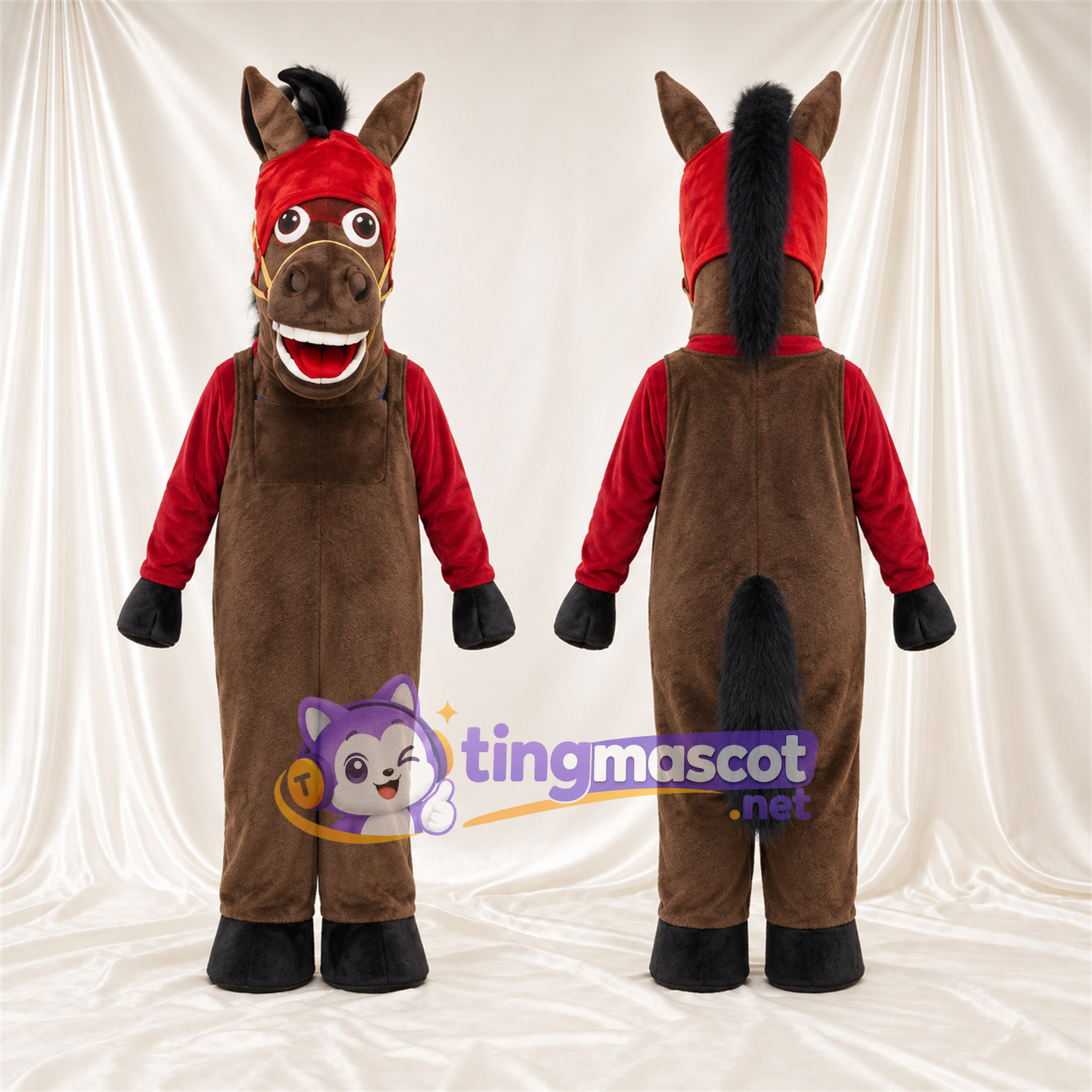Maskottchenkostüm Pferd – braun – Stirnband (rot) Maskottchenkostüm Pferd – braun – Stirnband (rot)