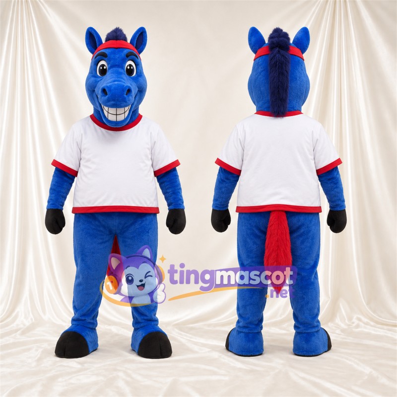 Costume de mascotte Cheval – bleu – Chemise (blanc); Crinière (rouge)