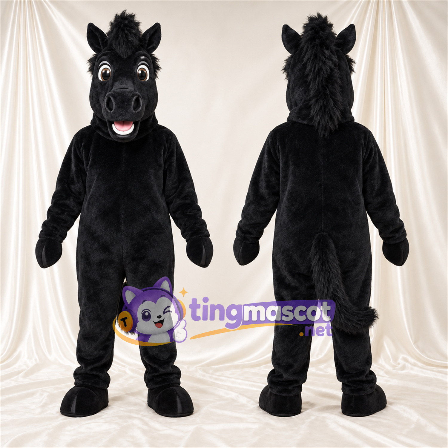 Black Horse Mascot Costume - Black Mane and Open Mouth Black Horse Mascot Costume - Black Mane and Open Mouth