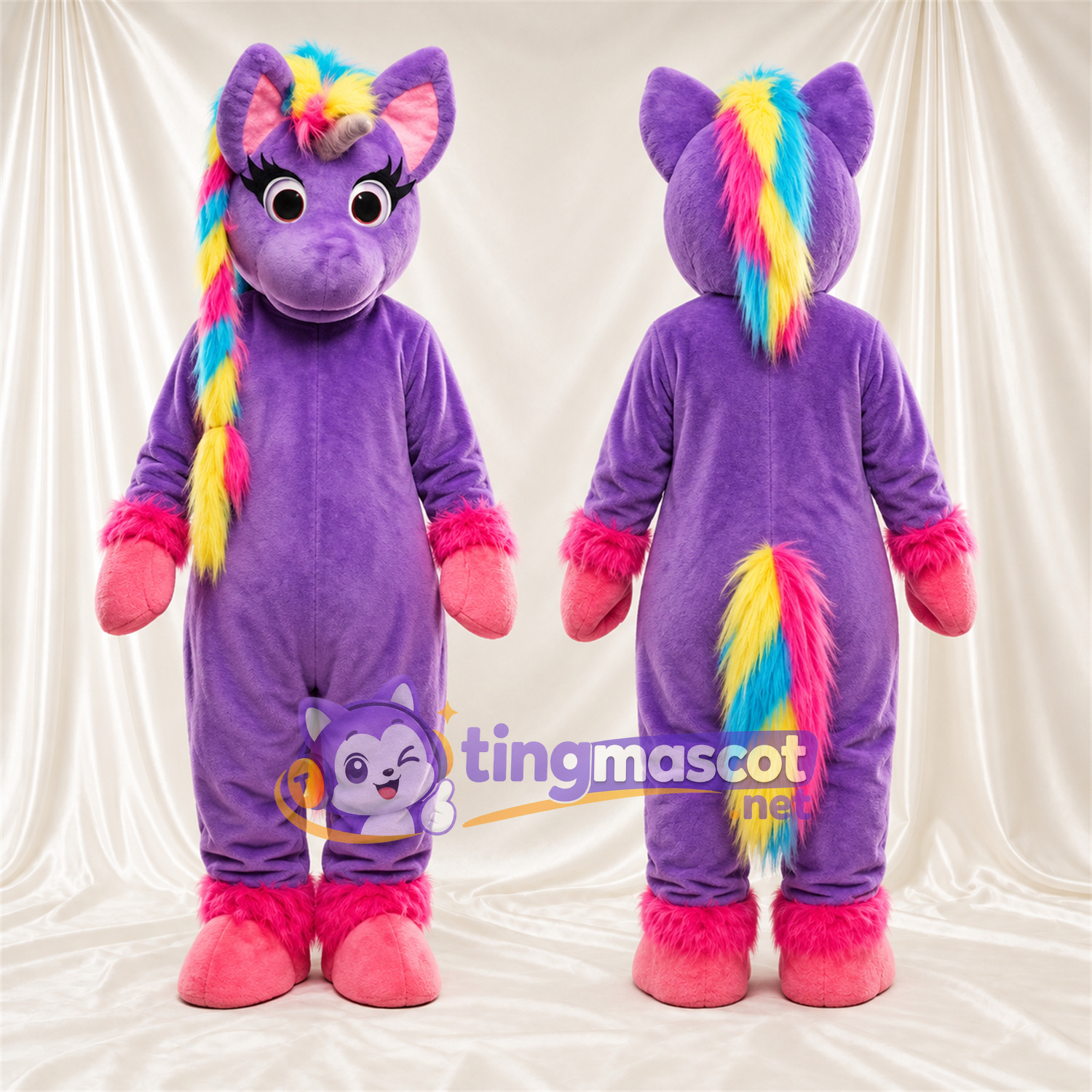 Maskottchenkostüm Einhorn – violett – Mähne (Regenbogenfarben); Schwanz Maskottchenkostüm Einhorn – violett – Mähne (Regenbogenfarben); Schwanz