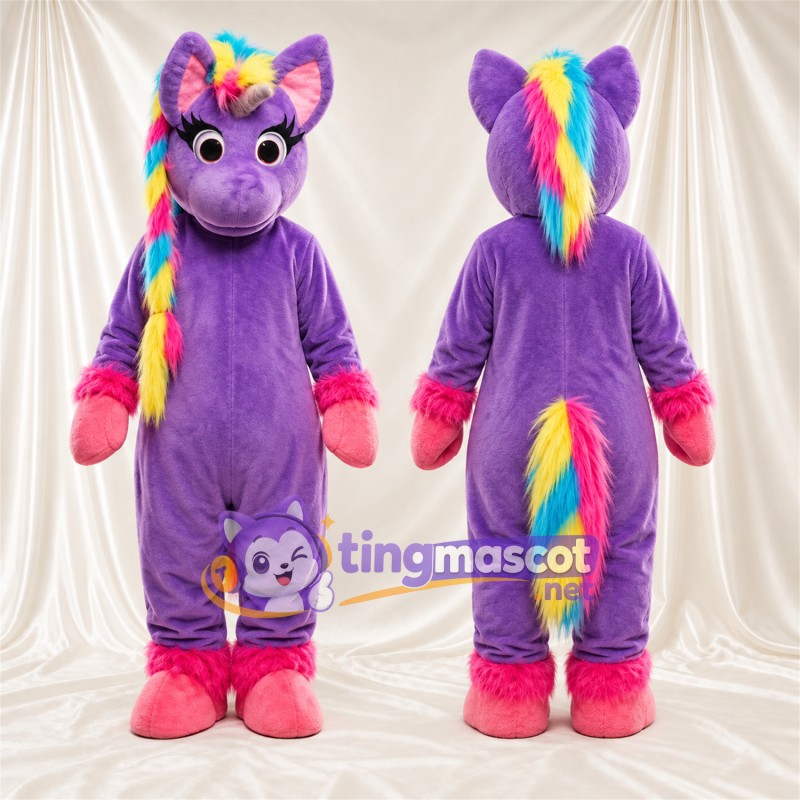 Maskottchenkostüm Einhorn – violett – Mähne (Regenbogenfarben); Schwanz