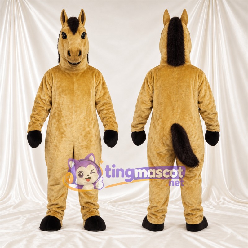 Costume de mascotte Cheval – brun doré – Crinière (noir); Gants (noir)
