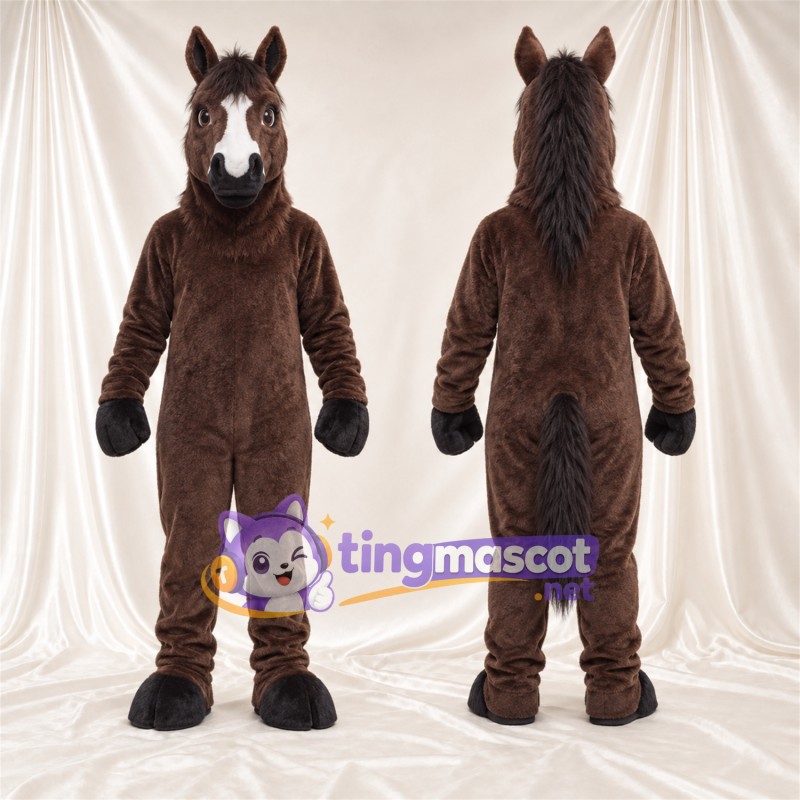 Costume de mascotte Cheval – marron foncé – Liste (blanc)