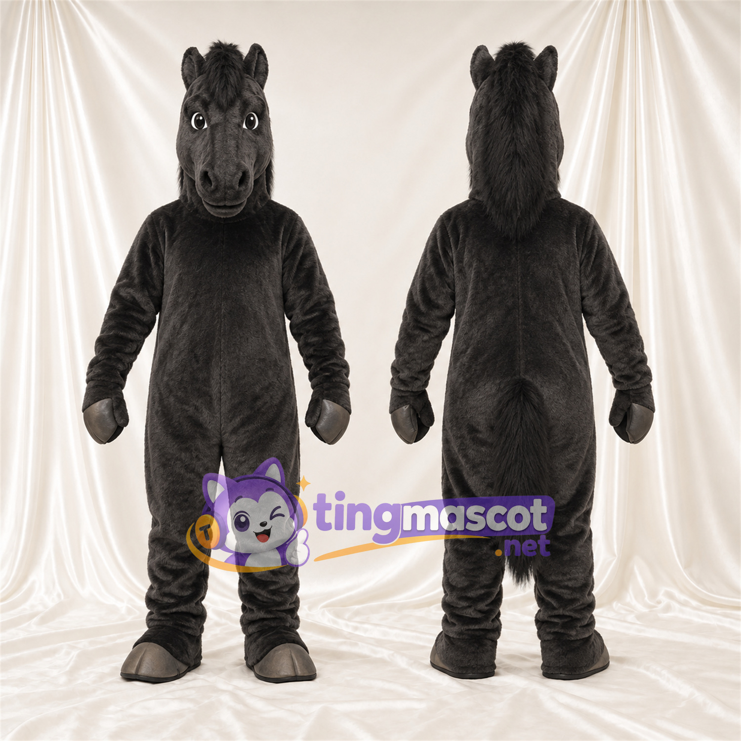 Costume de mascotte Cheval – gris – Crinière (noir); Museau allongé Costume de mascotte Cheval – gris – Crinière (noir); Museau allongé