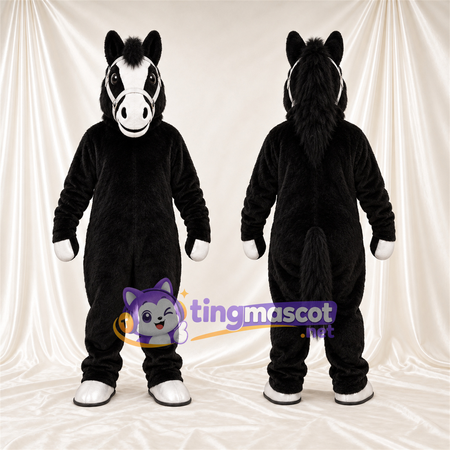 Black Horse Mascot Costume - White Hooves and White Face Black Horse Mascot Costume - White Hooves and White Face