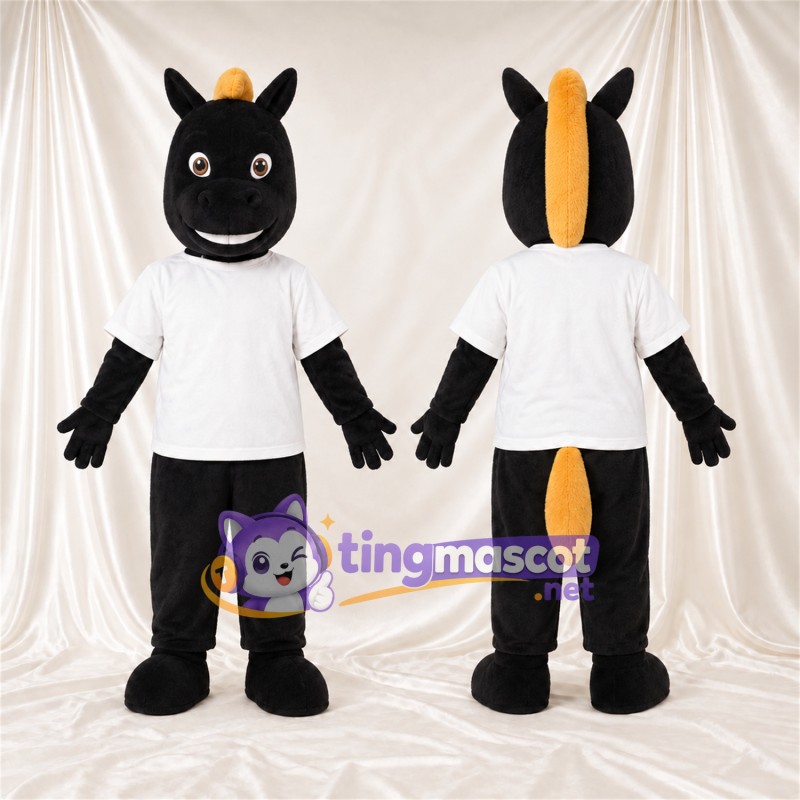 Costume de mascotte Cheval – noir – Chemise (blanc); Crinière (jaune)