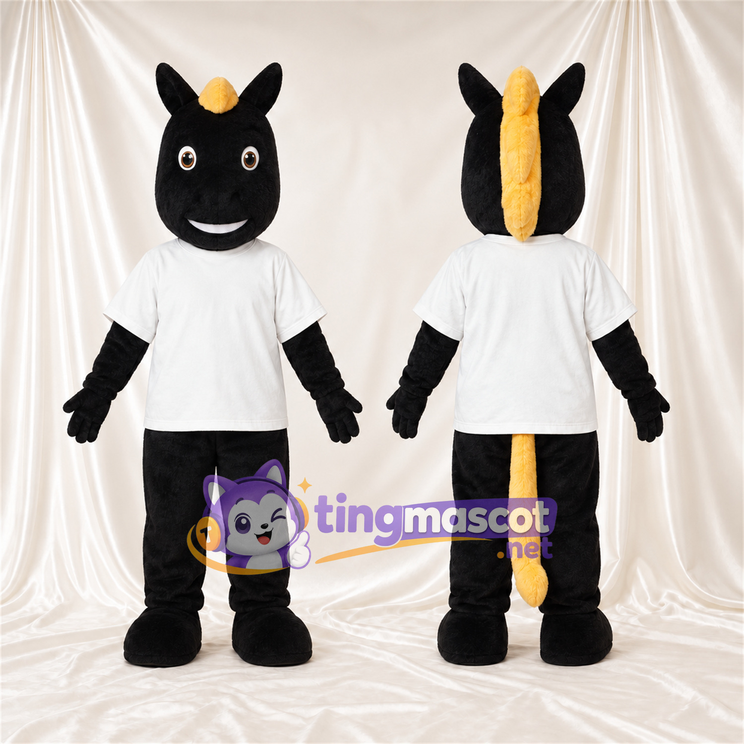 Costume de mascotte Cheval – noir – Chemise (blanc); Crinière (jaune) Costume de mascotte Cheval – noir – Chemise (blanc); Crinière (jaune)