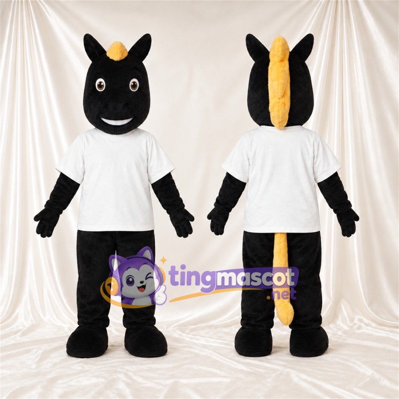Costume de mascotte Cheval – noir – Chemise (blanc); Crinière (jaune)