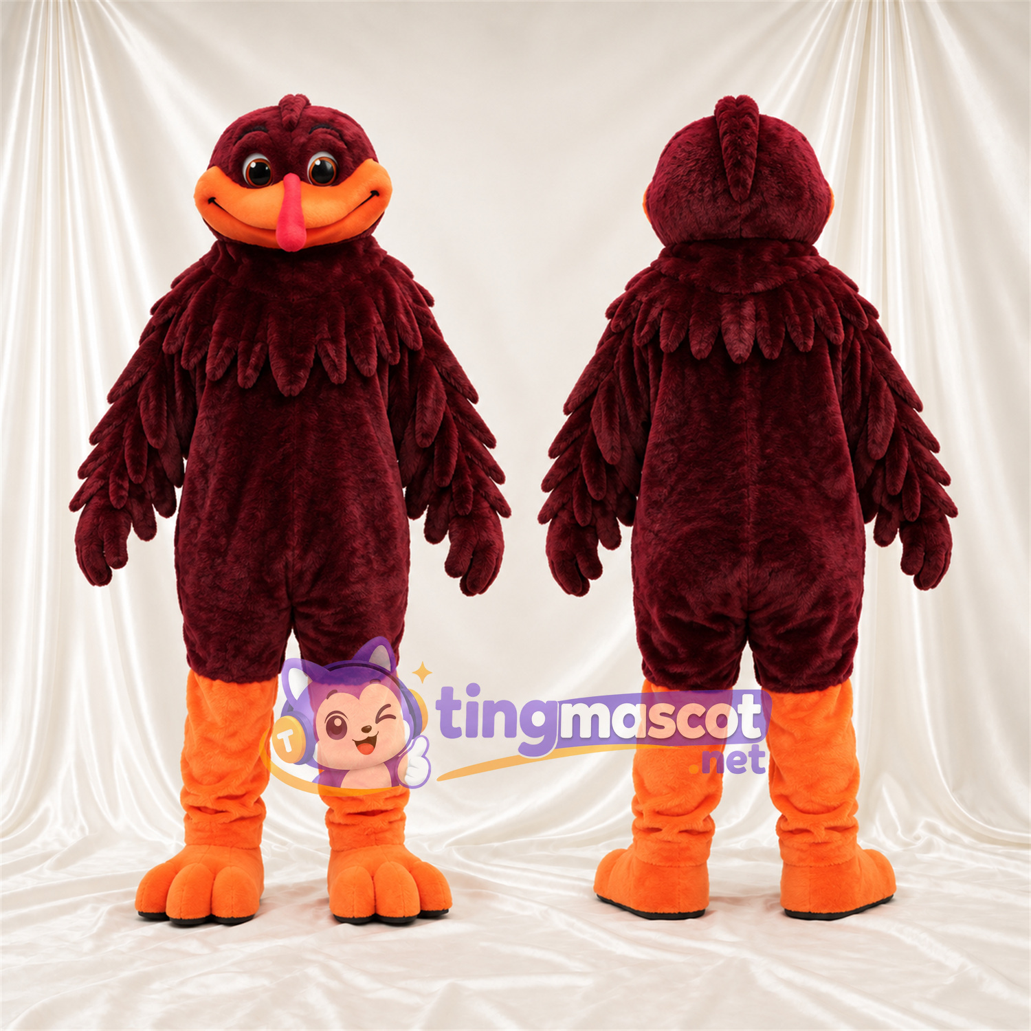 Costume de mascotte Oiseau – bordeaux – Bec (orange); Pieds Costume de mascotte Oiseau – bordeaux – Bec (orange); Pieds