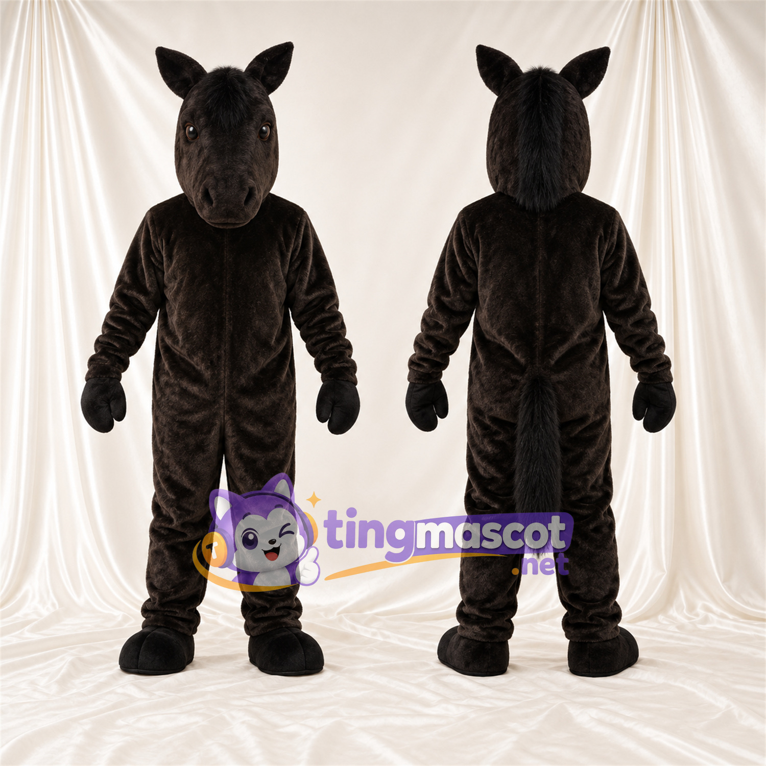 Costume de mascotte Cheval – marron foncé – Crinière (noir); Longue queue