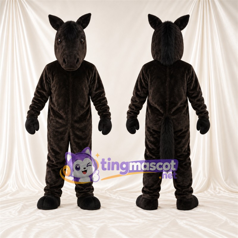Costume de mascotte Cheval – marron foncé – Crinière (noir); Longue queue