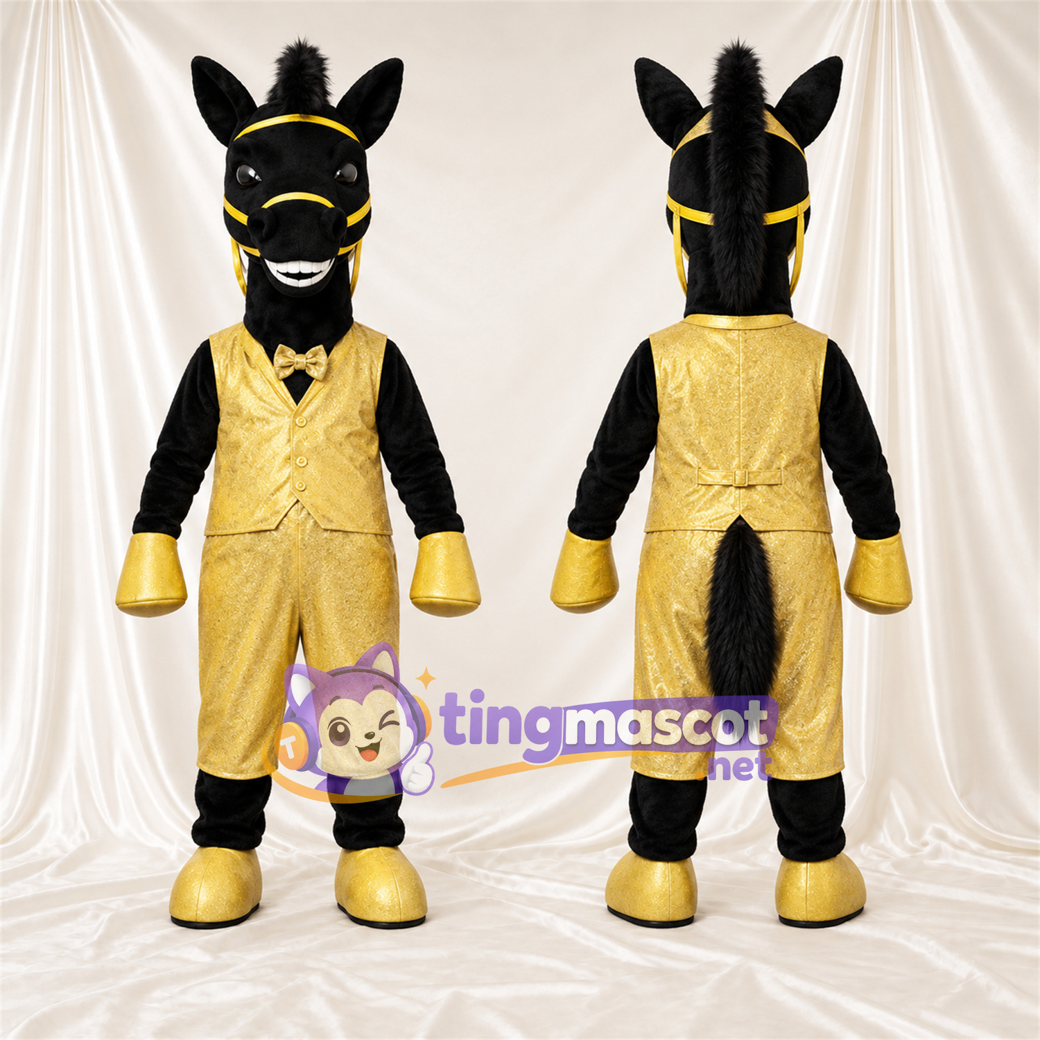 Costume de mascotte Cheval – noir – Costume (doré) Costume de mascotte Cheval – noir – Costume (doré)