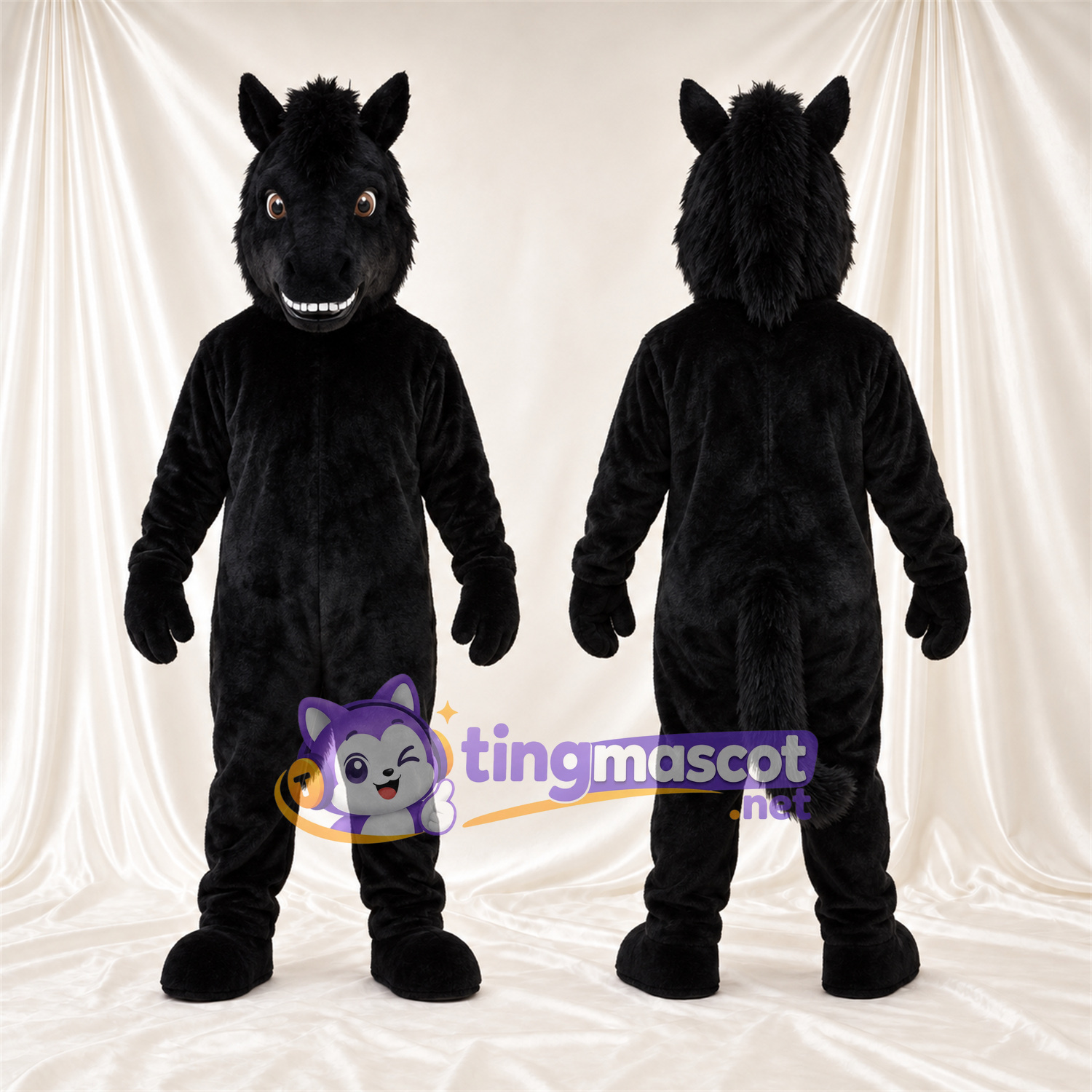 Black Horse Mascot Costume - Black Mane and Toothy Grin Black Horse Mascot Costume - Black Mane and Toothy Grin