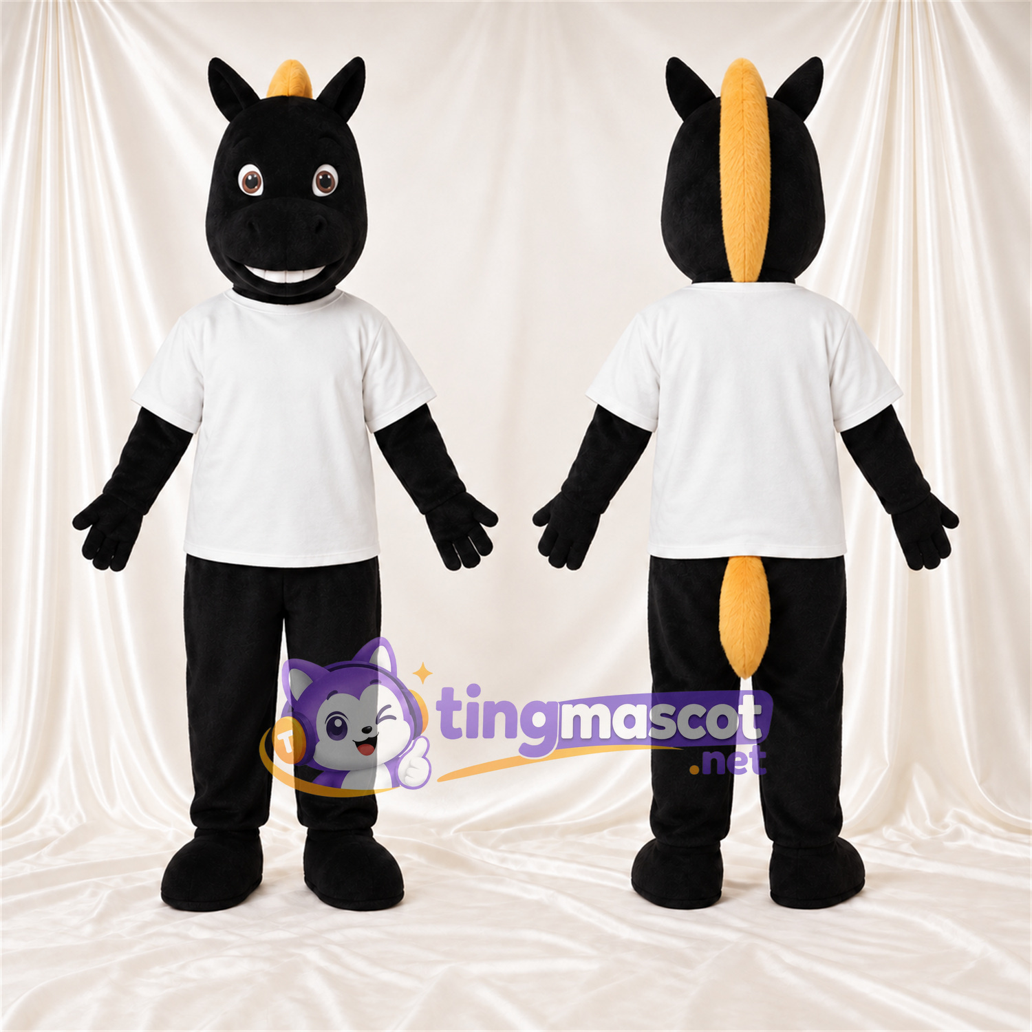 Costume de mascotte Cheval – noir – Chemise (blanc); Crinière (jaune) Costume de mascotte Cheval – noir – Chemise (blanc); Crinière (jaune)