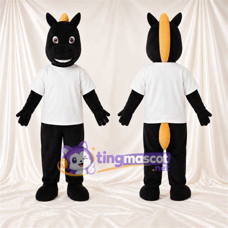 Costume de mascotte Cheval – noir – Chemise (blanc); Crinière (jaune)