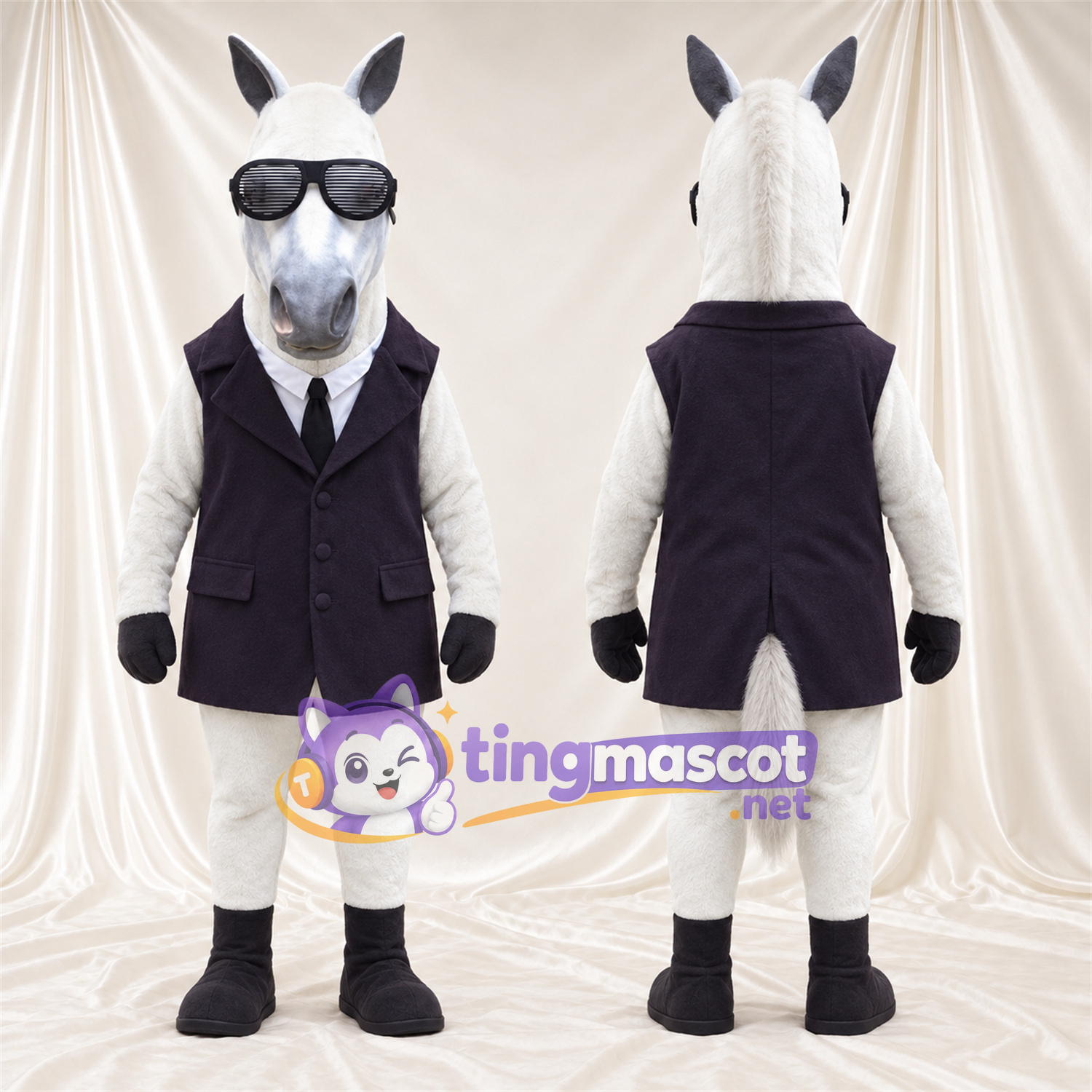 Costume de mascotte Cheval – blanc – Gilet; Lunettes de soleil Costume de mascotte Cheval – blanc – Gilet; Lunettes de soleil