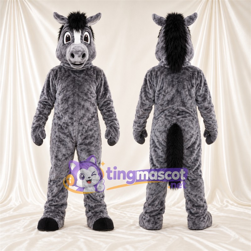 Costume de mascotte Cheval – gris – Crinière (noir); Fourrure hirsute