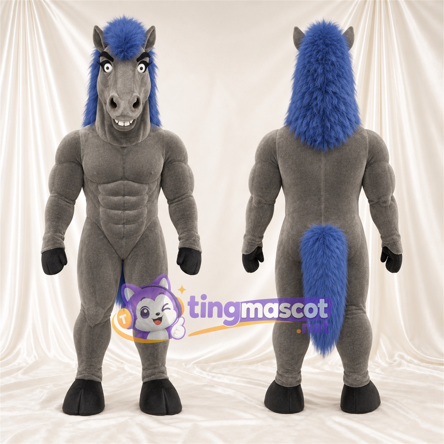 Costume de mascotte Cheval – gris – Crinière (bleu); Corps sculpté Costume de mascotte Cheval – gris – Crinière (bleu); Corps sculpté