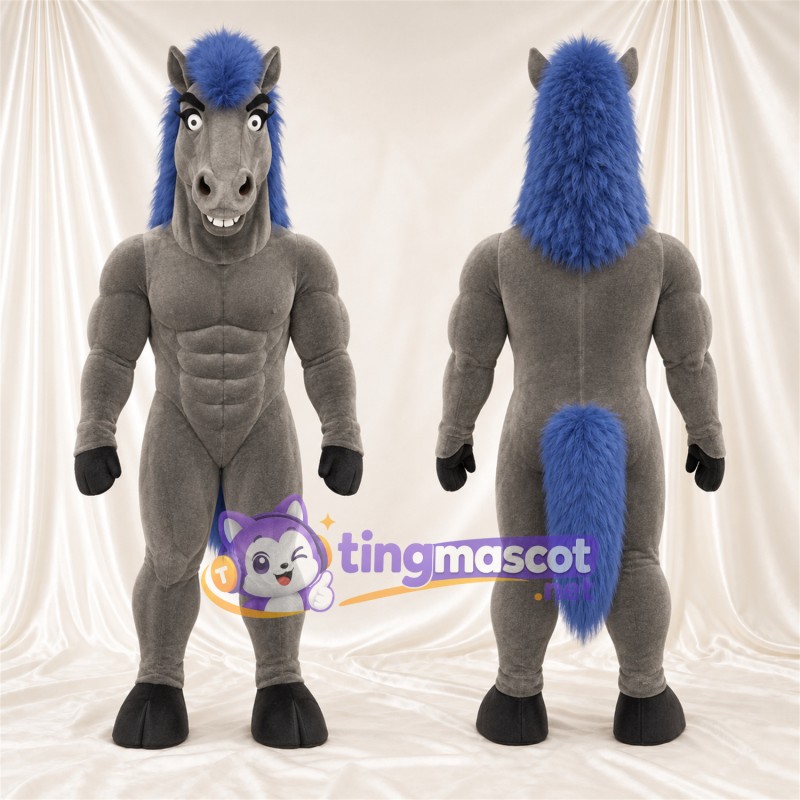 Costume de mascotte Cheval – gris – Crinière (bleu); Corps sculpté