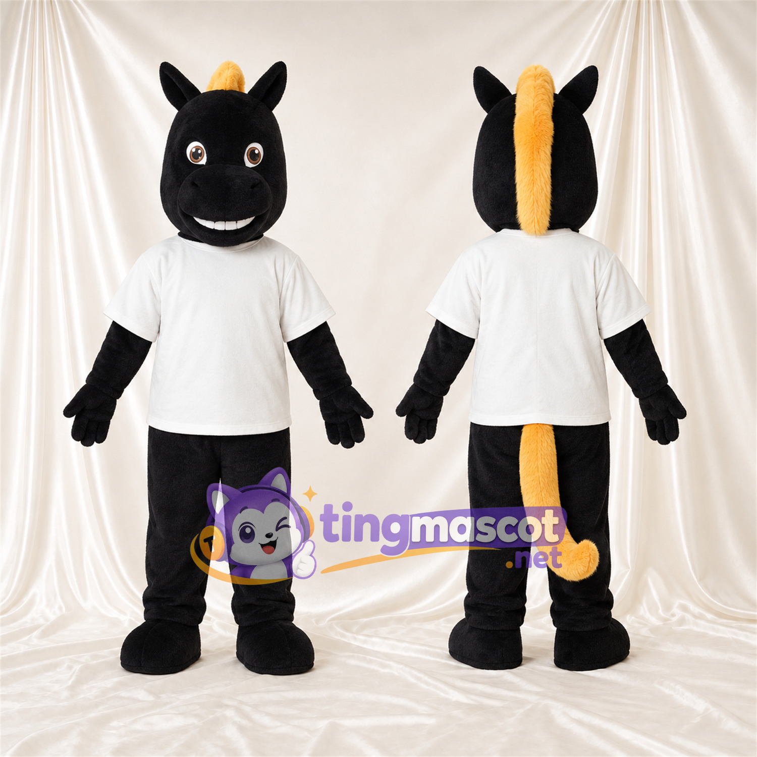 Costume de mascotte Cheval – noir – Chemise (blanc); Crinière (jaune) Costume de mascotte Cheval – noir – Chemise (blanc); Crinière (jaune)