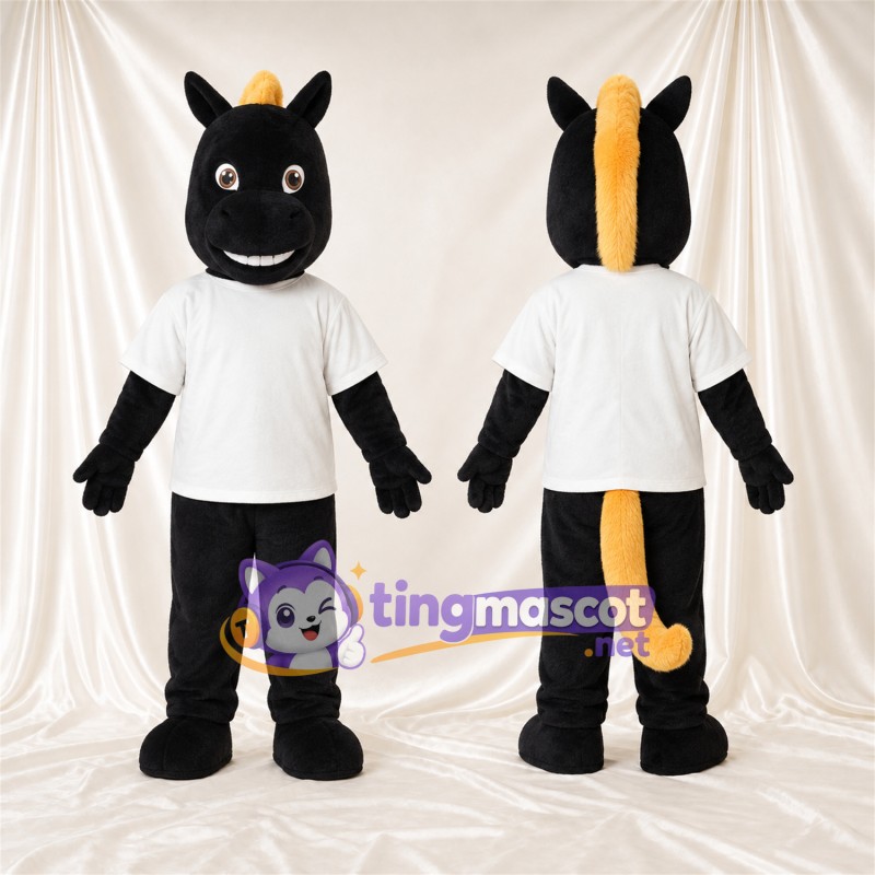 Costume de mascotte Cheval – noir – Chemise (blanc); Crinière (jaune)