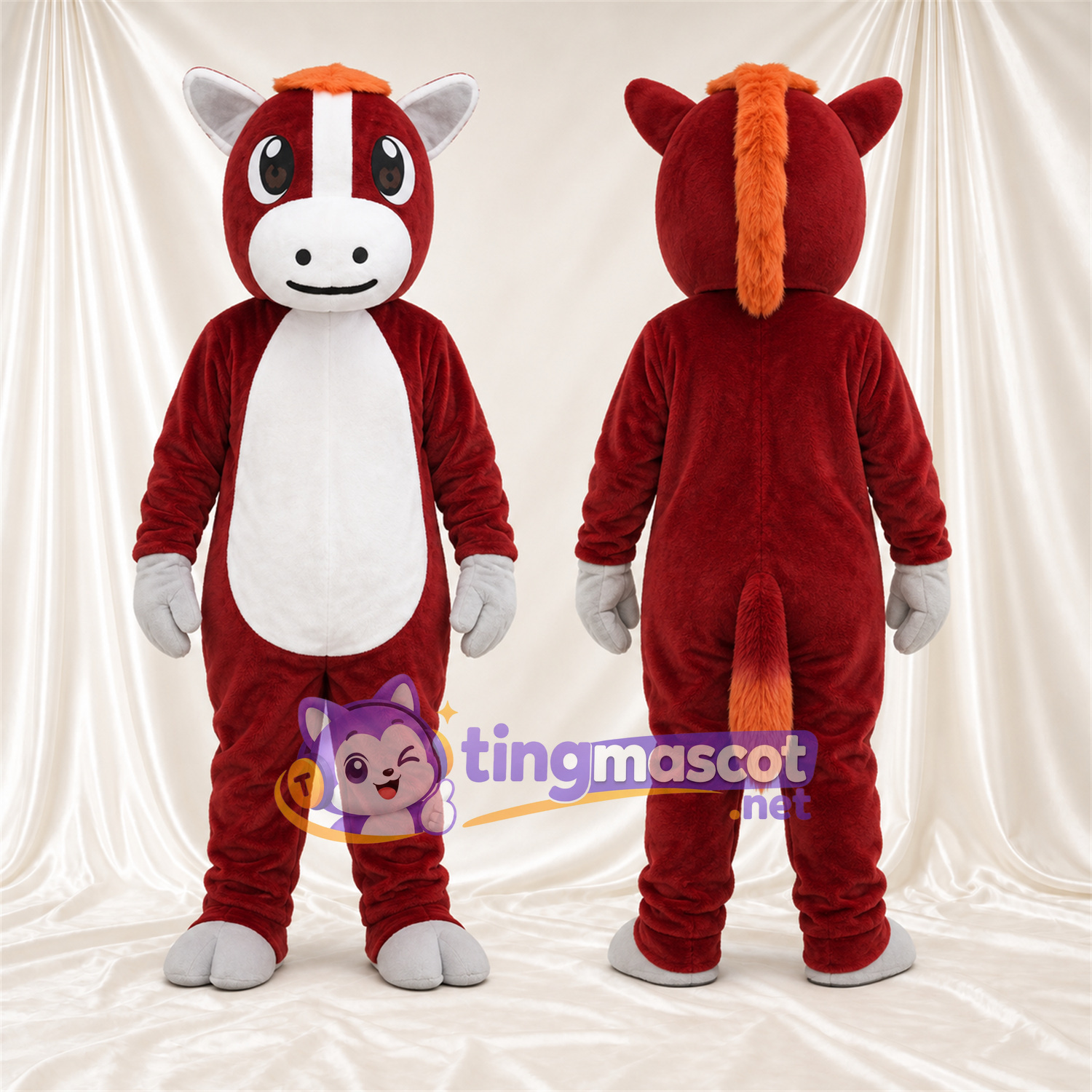 Costume de mascotte Cheval – rouge – Visage (blanc); Ventre Costume de mascotte Cheval – rouge – Visage (blanc); Ventre