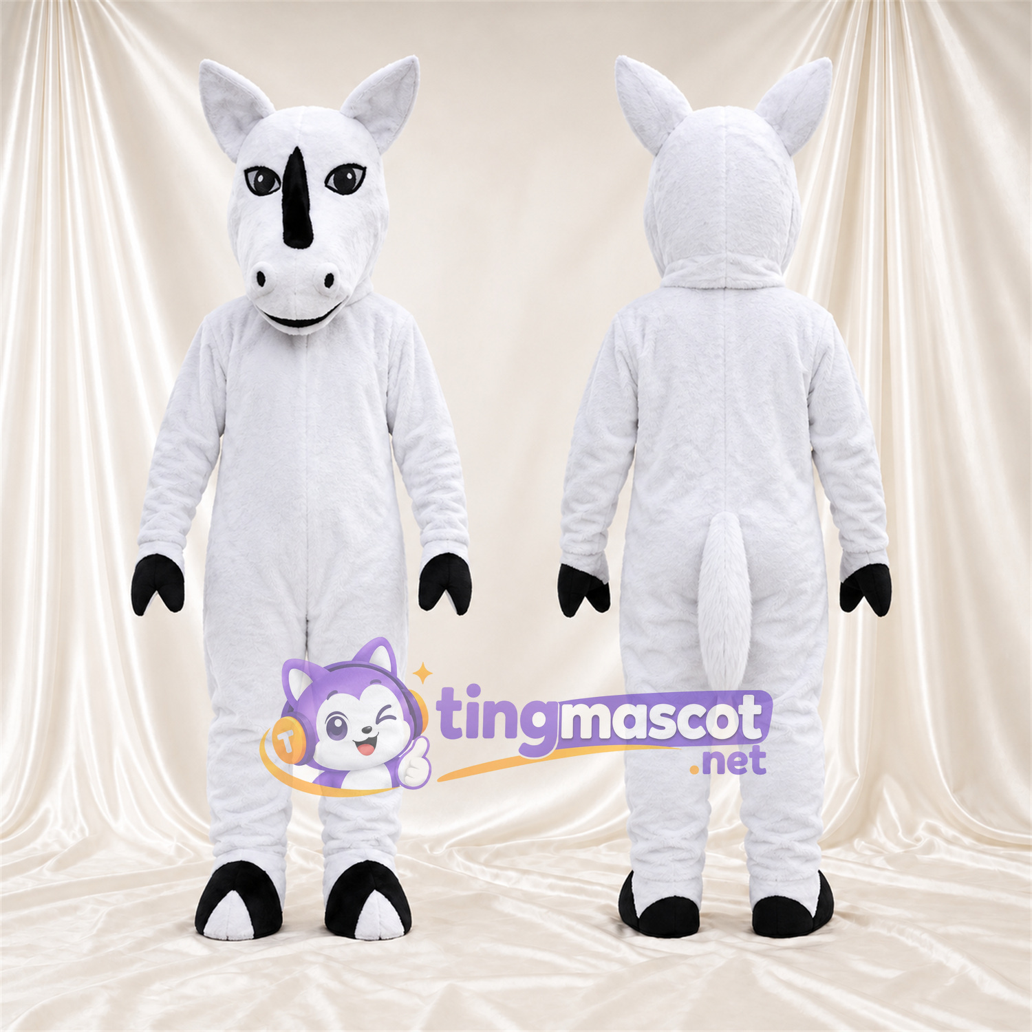 Costume de mascotte Rhinocéros – blanc – Corne (noir); Gants (noir) Costume de mascotte Rhinocéros – blanc – Corne (noir); Gants (noir)