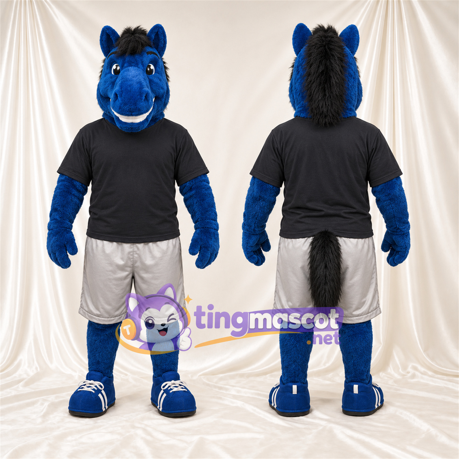 Costume de mascotte Cheval – bleu – Chemise (noir); Short (gris) Costume de mascotte Cheval – bleu – Chemise (noir); Short (gris)