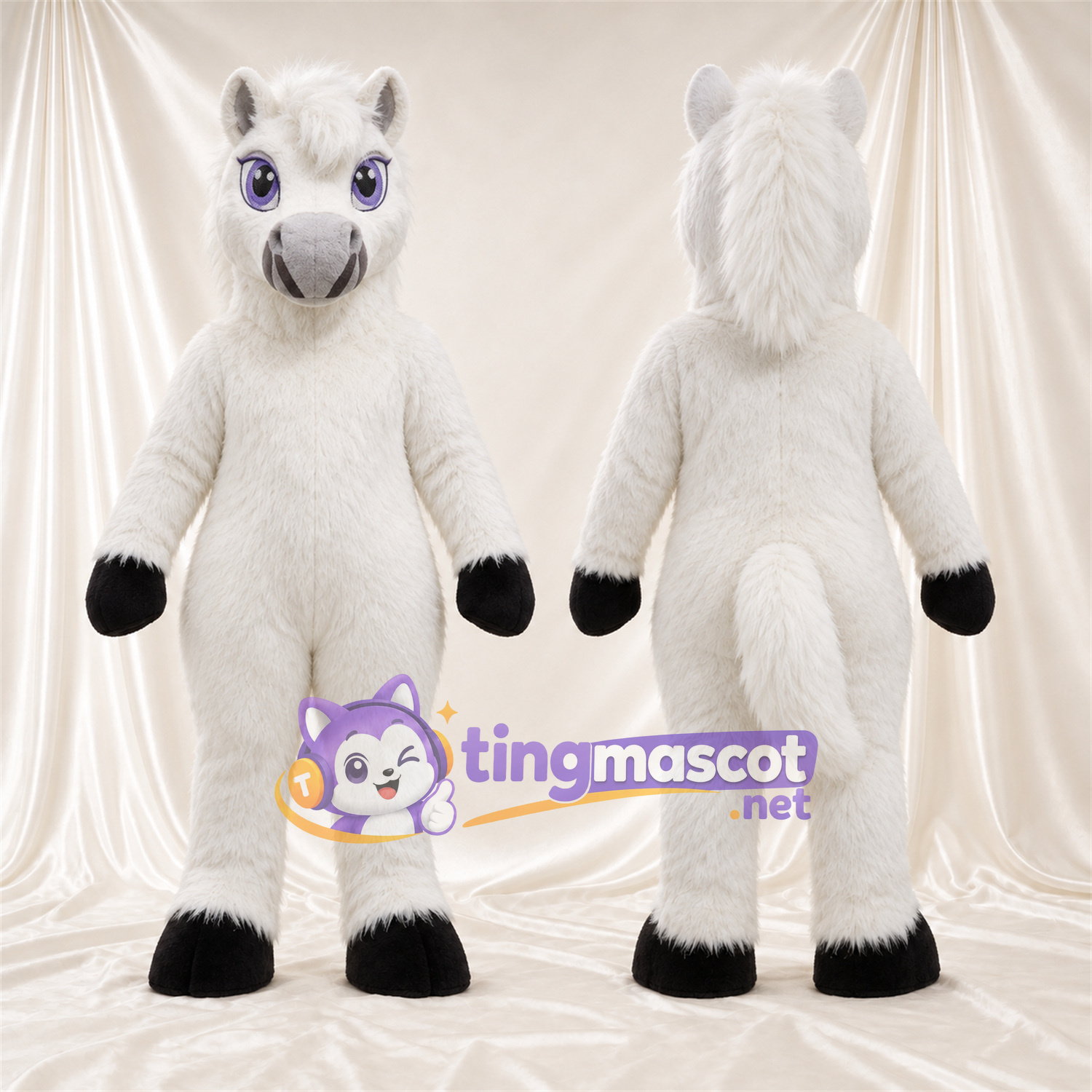 Costume de mascotte Cheval – blanc – Sabots (noir); Yeux (bleu) Costume de mascotte Cheval – blanc – Sabots (noir); Yeux (bleu)