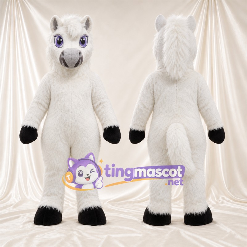 Costume de mascotte Cheval – blanc – Sabots (noir); Yeux (bleu)
